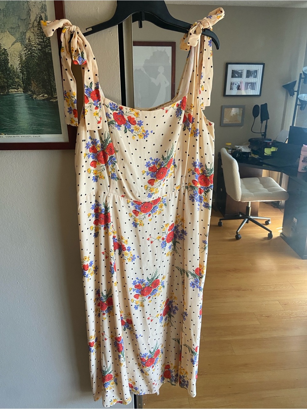 Sezane Peach Midi Dress with Red & Blue Floral Print sz 14